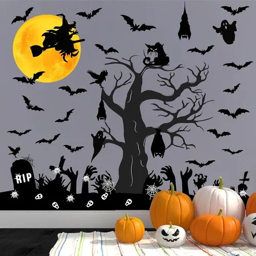 Vista 4 de Barri Design Calcomanías de pared de murciélago de Halloween, árbol de luna, bruja, calcomanías de pared extraíbles para Halloween, calcomanías