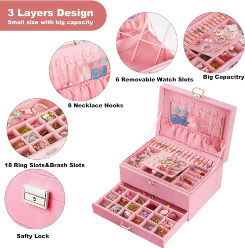 Vista 2 de QBestry Caja organizadora de joyas para mujer, caja de joyería de terciopelo rosa para collares y aretes, anillos, pulseras, joyero, organizador