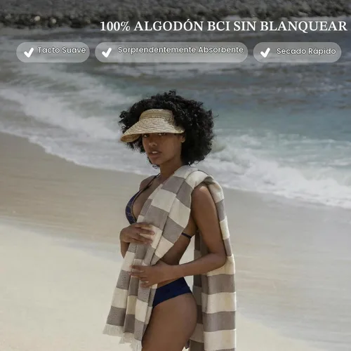 Vista 3 de Toalla de playa turca ligera, 100% algodón BCI, flecos crudos sin blanquear, certificado Oeko-TEX, absorbente, respetuosa con el medio ambiente, 36