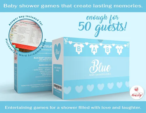Vista 4 de Party Hearty Juegos de baby shower para niños, 250 tarjetas de actividades de 5 juegos azules, divertidos juegos de baby shower, ideas para baby