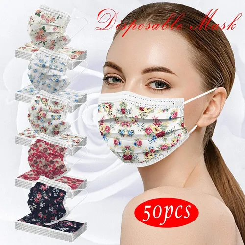 Vista 2 de 50 cubrebocas para mujer, diseño floral, desechables, transpirables, con filtro de 3 capas, antipolvo