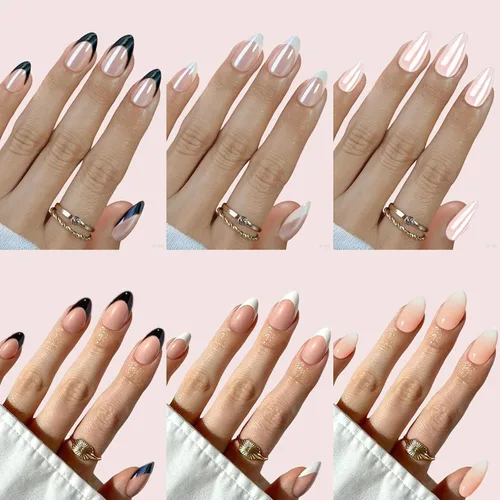 Vista 13 de Paquete de 6 uñas postizas a presión con forma de almendra media, uñas postizas acrílicas de cobertura completa con diseños de cromo rosa francés