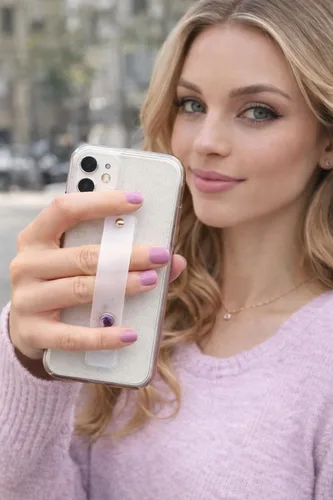 Vista 3 de Crystal Phone Grip and Phone Strap with Real Amethyst Genuine Gemstone and White Strap for Smartphones and Tablets