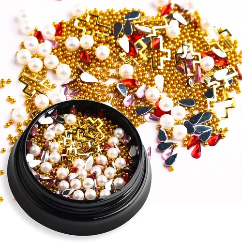 Vista 7 de 6 cajas de dijes de uñas 3D dorados, dijes de arte de uñas con parte trasera plana, joyas de diamantes de imitación para uñas, gemas de uñas