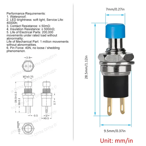 Vista 3 de 5 piezas de interruptor de botón de presión de tipo de cierre automático SPST Dash ON/Off azul AC 250V/3A