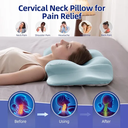 Vista 5 de FUNCCUBE Almohada cervical para el cuello – Almohadas de espuma viscoelástica para aliviar el dolor dormir con funda de almohada refrescante, Azul