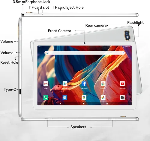 Vista 7 de Tablet 10.1 pulgadas 128 Almacenamiento+1TB Expandir 2 en 1 Tabletas Android, Tablet con funda de teclado Mouse, 5G Dual WiFi, GPS, Octa Core