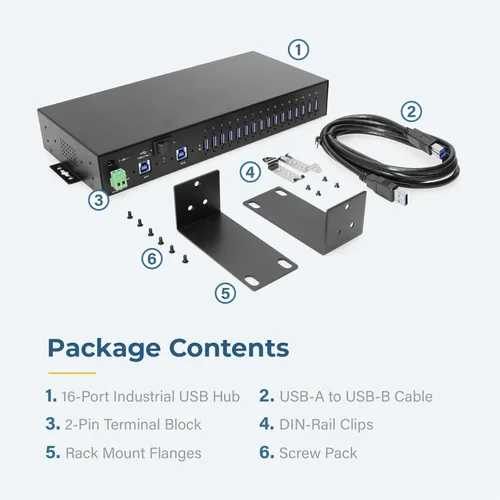 Vista 5 de Coolgear Hub USB 3.2 de 16 puertos con puertos dobles ascendentes, protección contra sobretensiones, bloqueo de tornillo, montaje en rack y riel DIN