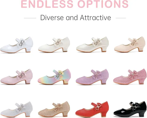 Vista 8 de Dufannie Zapatos de vestir para niñas, zapatos de tacón bajo de princesa, zapatos planos con purpurina para bodas y fiestas