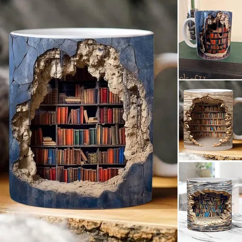 Vista 2 de Taza de estantería 3D, tazas de biblioteca, taza de café para amantes de los libros, taza de cerámica con diseño creativo del espacio para mujeres