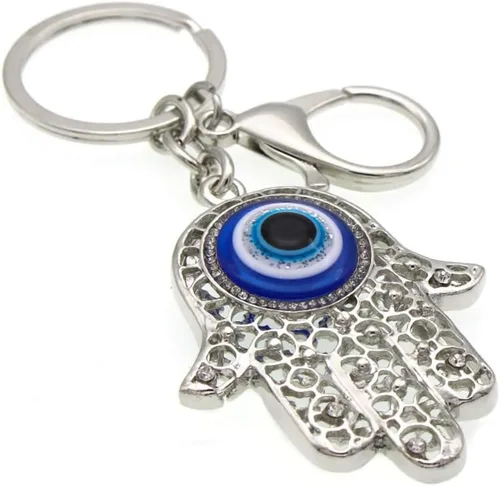 Vista 3 de QTKJ Llavero de mano Hamsa de ojo azul con dije de cristal para bolso de mano, bolso de mano, decoración de vacaciones, adorno (plata), Dorado