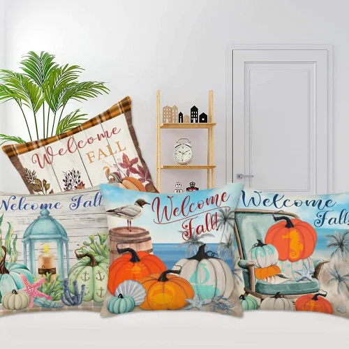Vista 3 de 4 fundas de almohada de otoño de bienvenida, decoración de otoño, decoración costera de playa, estrella de mar, calabaza, granja, decoración