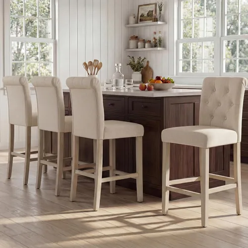 Vista 17 de GOTMINSI Taburetes de tela beige de 24 pulgadas, juego de 2 sillas tapizadas de altura de mostrador con decoración copetuda de estilo ocio