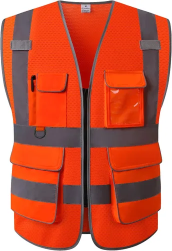 Vista 7 de Chaleco de seguridad reflectante para agrimensores para hombres, chaleco de seguridad de malla reflectante de clase 2 con bolsillos y cremallera