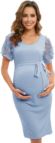 Vista 2 de ZIUMUDY Vestido ajustado de maternidad de manga corta con diseño de obispo de malla floral para sesión de fotos de maternidad, vestido de baby shower