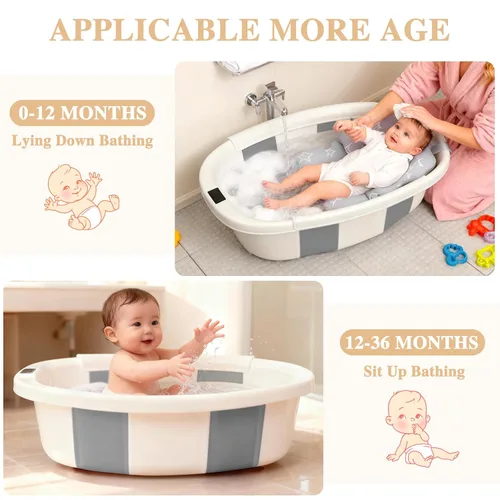 Vista 10 de Bañera para bebé EverKiddo, tina de baño para bebé con termómetro y cojín suave, bañera plegable para bebés de recién nacidos a niños pequeños de 0