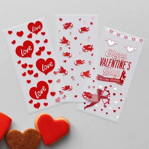Vista 5 de 150 bolsas de celofán para el día de San Valentín, bolsas de regalo de celofán con corazón de cupido rojo, bolsas de regalo de celofán transparentes