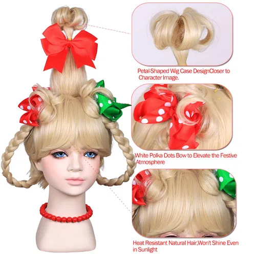 Vista 5 de FantaLook Peluca larga trenzada para niños, para Navidad, cosplay, con collar de cuentas rojas y lazos de lunares rojos y verdes para niños, disfraz