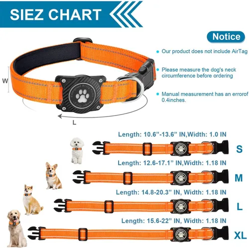 Vista 6 de Airtag - Collar para perro, collar de nailon con soporte impermeable para AirTag, collar luminoso reflectante ajustable para mascotas para perros