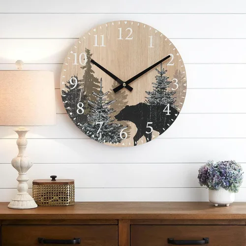 Vista 6 de SwallowLiving Reloj de pared con oso de cabaña, 12 pulgadas, silencioso, sin tictac, bosque de madera, vida silvestre, montaña, cabaña, reloj