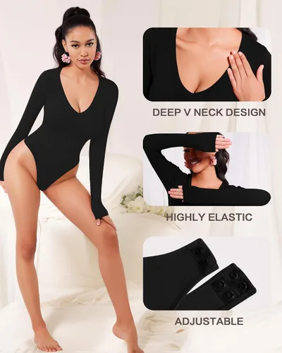 Vista 4 de MANGOPOP Body de manga larga con cuello en V profundo para mujer