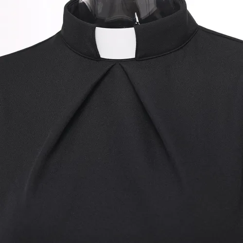 Vista 5 de Camisa de clero de iglesia para mujer, cuello con pestaña frontal, plisada, manga pétalo