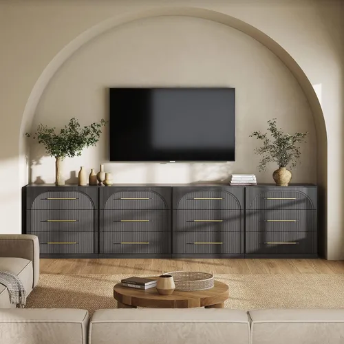 Vista 33 de BELLEZE Centro de entretenimiento modular de 4 piezas con almacenamiento, 2 vitrinas de madera moderna con gabinete arqueado y 2 armarios de puerta