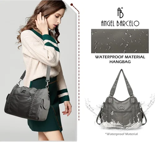 Vista 246 de Angel Barcelo - Bolsa de hombro amplia para mujer, diseño Hobo, cuero lavado