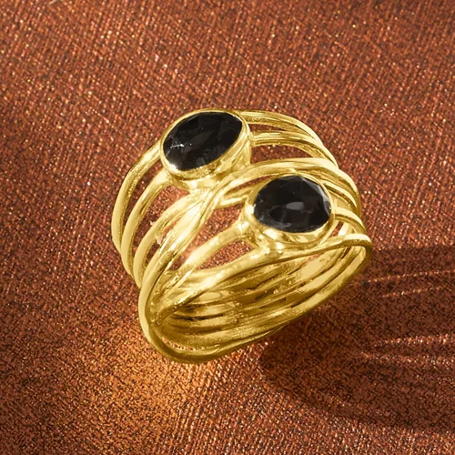 Vista 4 de Ross-Simons Anillo multifila de ónix negro en oro de 18 quilates sobre ley