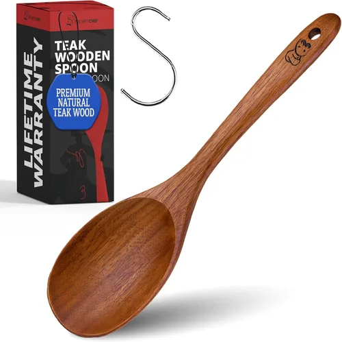 Vista 14 de PriorityChef - Cuchara larga de madera para cocinar, cuchara de cocina grande de teca duradera para servir, revolver y uso diario, segura