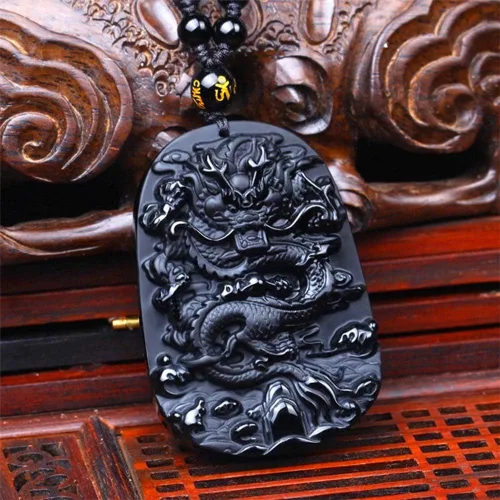 Vista 4 de Colgante valiente de obsidiana natural, cierre seguro, collar de dragón y fénix, estela de dragón chino de piedra tallada, colgante de unicornio