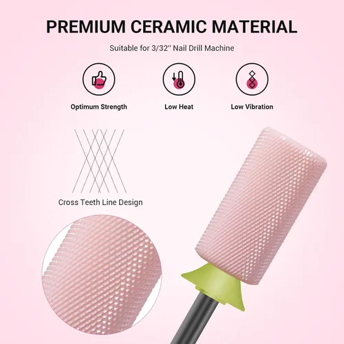 Vista 2 de MelodySusie Brocas de cerámica para uñas, 3/32 pulgadas, chaflán superior plana, puntas de barril grandes, eliminación rápida de acrílico o gel Rosa