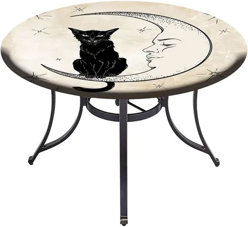 Vista 4 de Mantel redondo, mantel de luna para mesa auxiliar, gato negro sentado en luna creciente blanca, se adapta a mesas redondas de 61 pulgadas