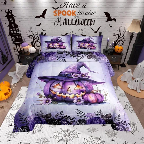 Vista 21 de Castle Fairy Happy Halloween - Juego de edredón para niños, tamaño Queen, juego de ropa de cama con diseño de fantasmas de dibujos animados rosa