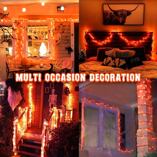 Vista 6 de PEIDUO Luces de Halloween, 200 luces LED naranjas de 82 pies, con sensor de movimiento, decoraciones de Halloween, luces de hadas parpadeantes
