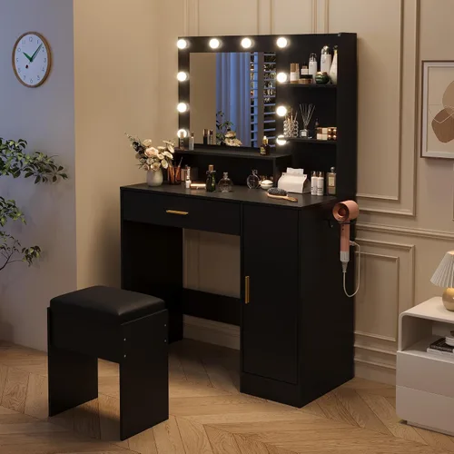 Vista 7 de GarveeHome Tocador con espejo, iluminación ajustable de tres niveles, incluye cajón, toma de corriente y taburete, tocador compacto para dormitorios