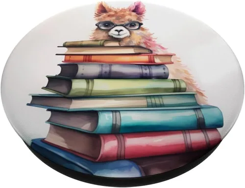 Vista 2 de Alpaca con una pila de libros. Alpaca literaria, PopSockets de animales intercambiables PopGrip