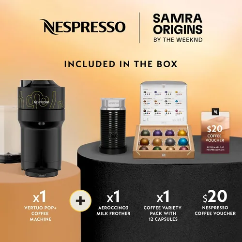 Vista 3 de Nespresso Vertuo Pop+ Cafetera para café y espresso de De'Longhi, Samra Origins de The Weeknd Vertuo Buna Amarillo con espumador de leche Aeroccino3