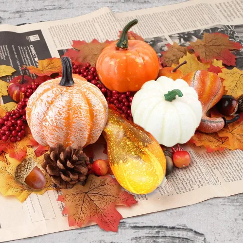 Vista 3 de 96 piezas de calabaza artificial de Halloween y calabaza hoja de arce, girasol, fruta roja, piña, bellota, cosecha, mezcla de calabaza falsa