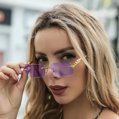 Vista 6 de Laurinny Retro Rectangle Sunglasses Women Men 90s Rimless Trendy Metal Glasses Spring Hinge Candy