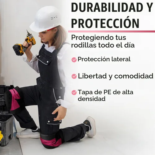Vista 3 de PRO - Rodilleras estilo constructor para mujer con 3 niveles de protección, rosa, 1 par, tapa de plástico de soporte plano y cierres ajustables