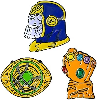 Vista 2 de OYSTERBOY 3 broches de esmalte de calidad premium Thanos el infinito guantelete guante ojo de Agamotto Super héroes símbolo para cosplay disfraz