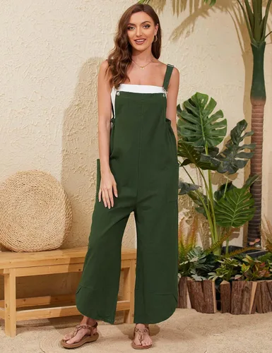 Vista 5 de Gihuo Overol de algodón y lino para mujer, holgado, sin mangas, con pechera, pantalones de pierna ancha con bolsillos