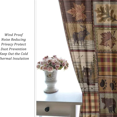 Vista 6 de Cortinas de oscurecimiento estilo campestre con osos, alces y ciervos, cortinas opacas para ventanas con ojales, tratamiento de ventanas eficiente