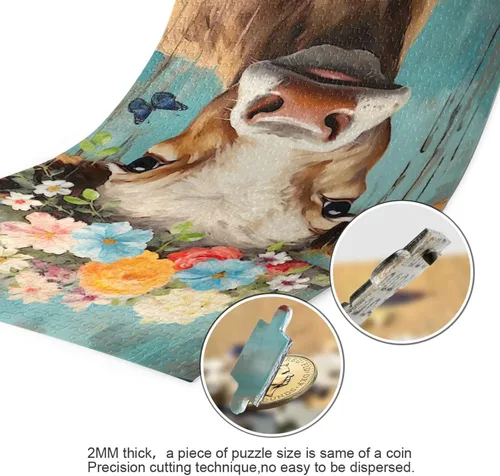 Vista 3 de Cow Floral Jigsaw Puzzles 500 Pieces for Adults with Mesh Storage Bag 2011288
