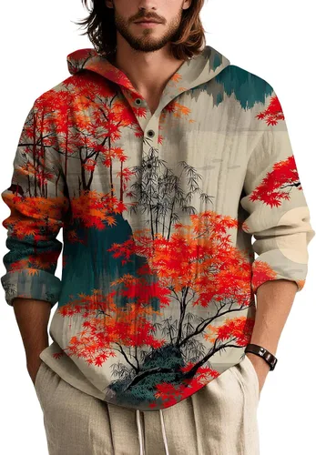 Vista 14 de Sudadera con capucha con estampado floral colorido para hombre, con botones, holgada, de manga larga, sudadera con capucha de gran tamaño para otoño