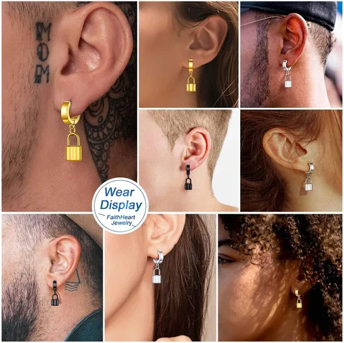 Vista 6 de FaithHeart Aretes de aro Huggie para mujer, acero inoxidable, chapado en oro de 18 quilates, aretes colgantes de gota de AnkhCrossCandkBocina