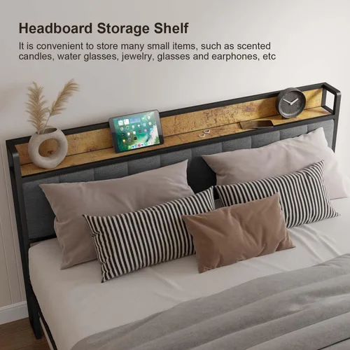 Vista 5 de Gizoon Base de cama matrimonial con cabecero y estribo, cama de plataforma Gris oscuro