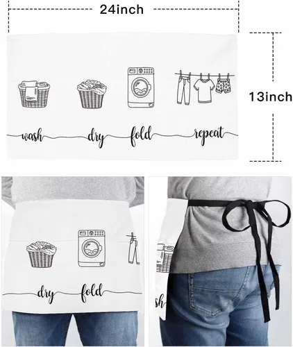 Vista 6 de Laundry Room Server Aprons with 3 Pockets, Cartoon Wash Dry Fold Repeat Simple Lines Art Waitress Waist Apron for Women Men Waterproof Half Aprons