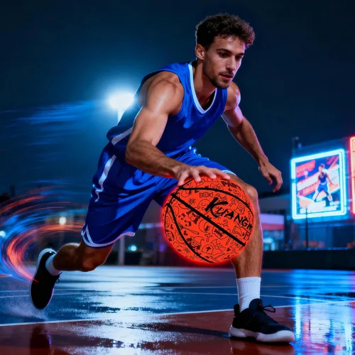 Vista 5 de Kuangmi Balón de baloncesto con luz LED, brilla en la oscuridad para juego nocturno y canasta de entrenamiento, tamaño oficial 7 (29.5 pulgadas)